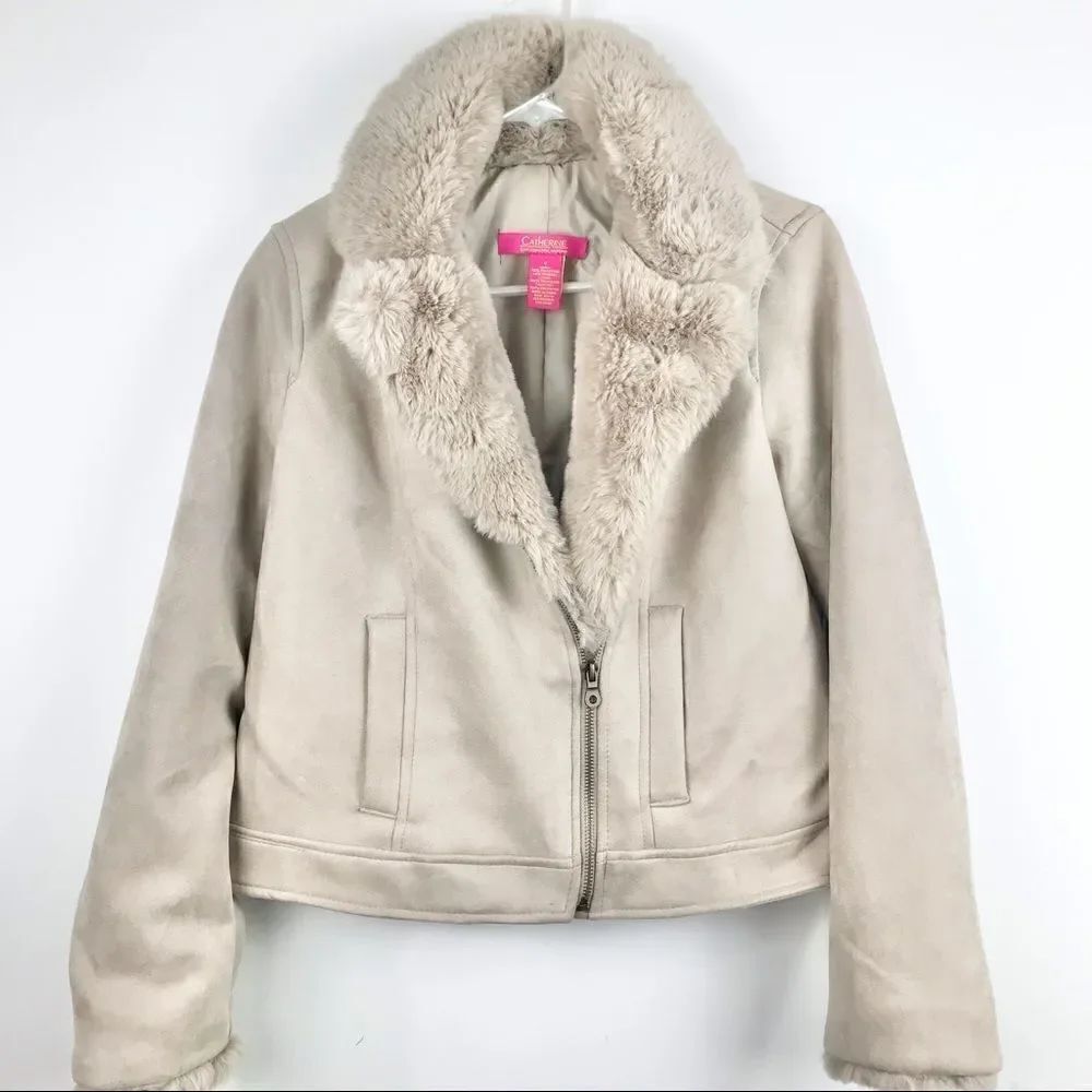 Catherine Malendrino Faux Fur Lined Taupe Moto Jacket